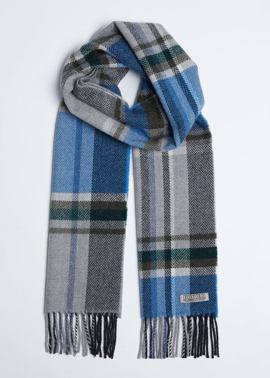 Foxford Blue and Grey Tartan Lambswool Scarf