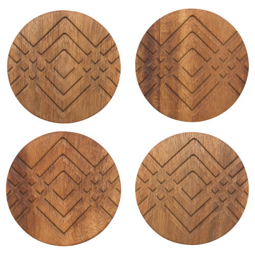 Acacia Wood Engraved Coasters Set of 4 - Geometric