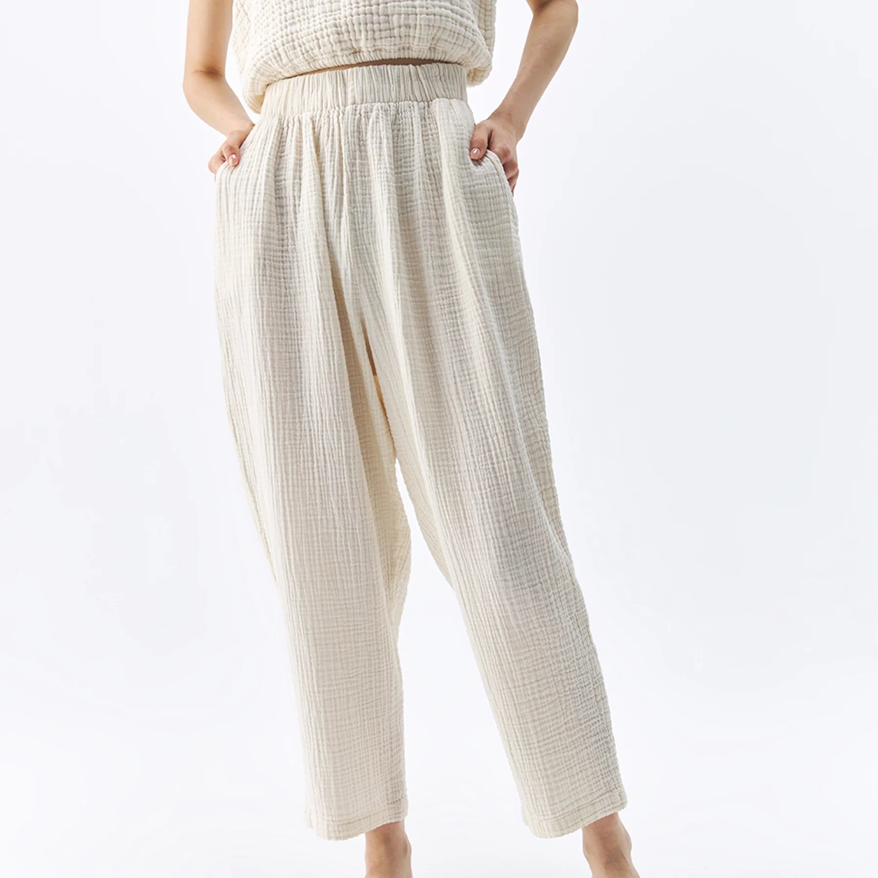 Crinkle Slouchy Pants - One Size in Cream - by Pokoloko