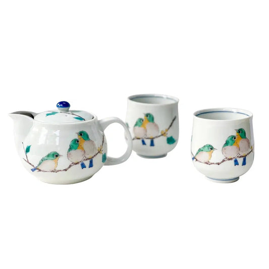 Kutani Ware Green Bird Japanese Porcelain Tea Set