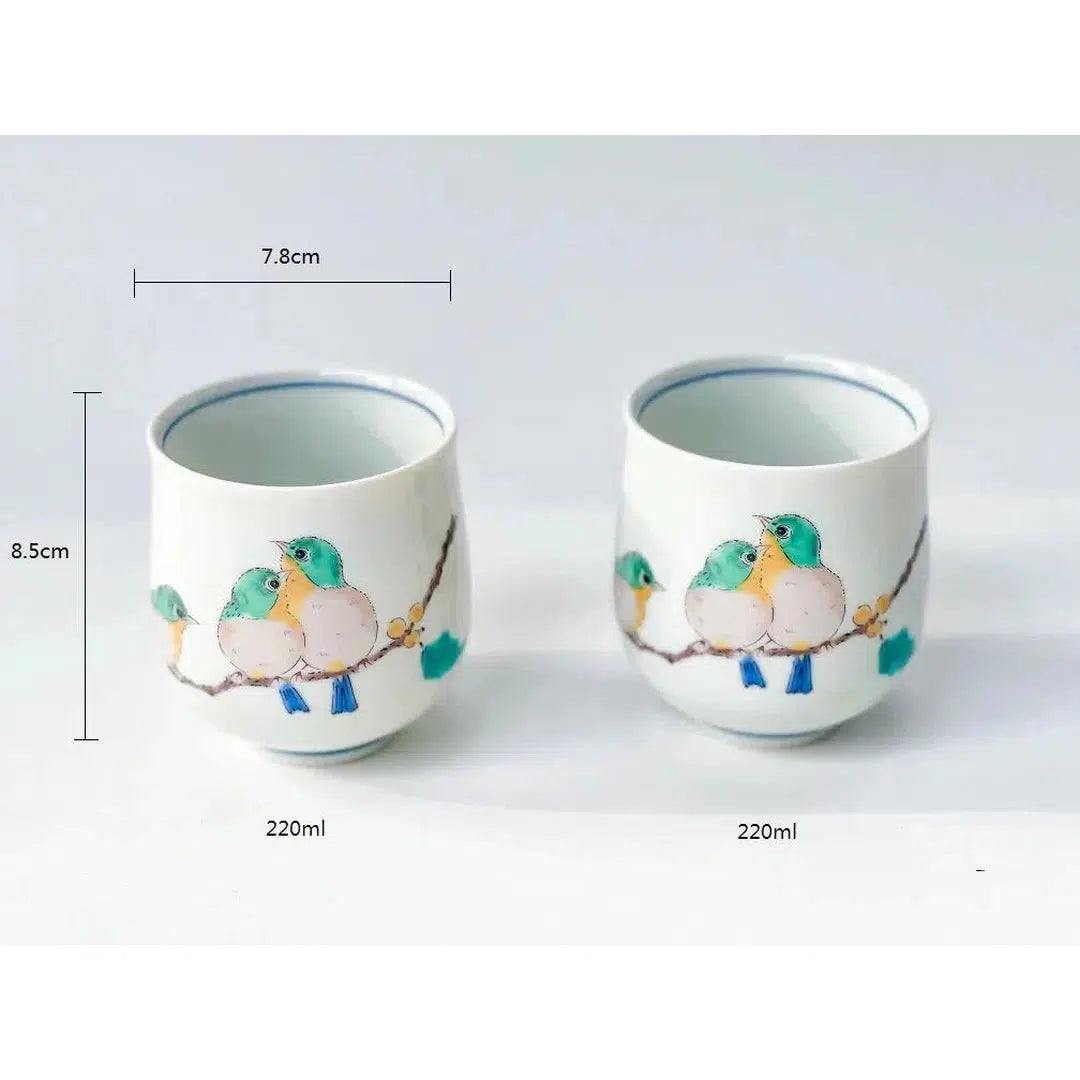 Kutani Ware Green Bird Japanese Porcelain Teacup