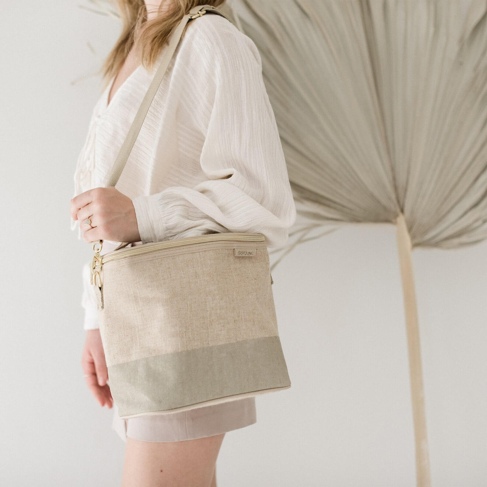 Linen Lunch Poche Bag - Cement Colour Block - by SoYoung