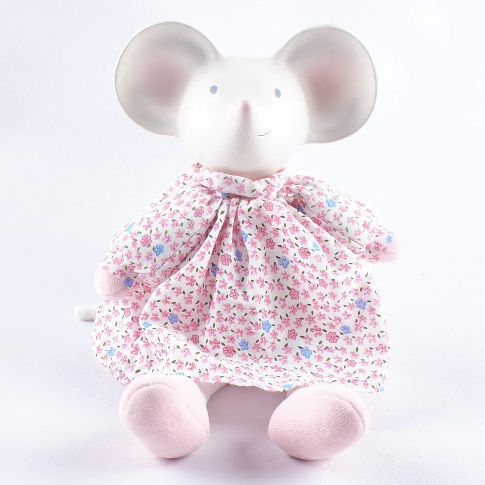 Meiya the Mouse Toy in Floral Dress with Natural Rubber Teether Head