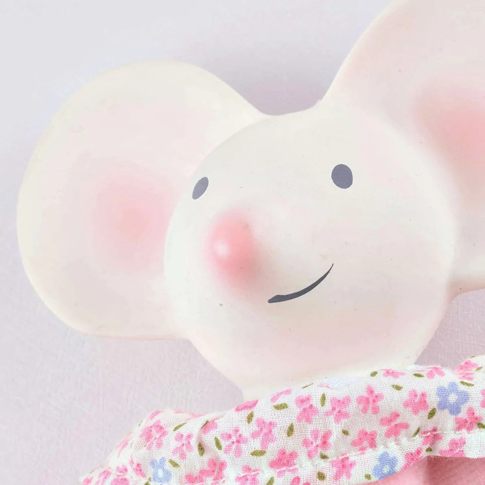 Meiya the Mouse Toy in Floral Dress with Natural Rubber Teether Head
