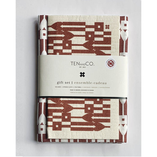 Swedish Sponge Cloth and Tea Towel Gift Set - Geo Hearts Terracotta by Ten & Co