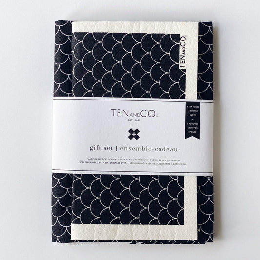 Swedish Sponge Cloth and Tea Towel Gift Set - Scallop Black by Ten & Co