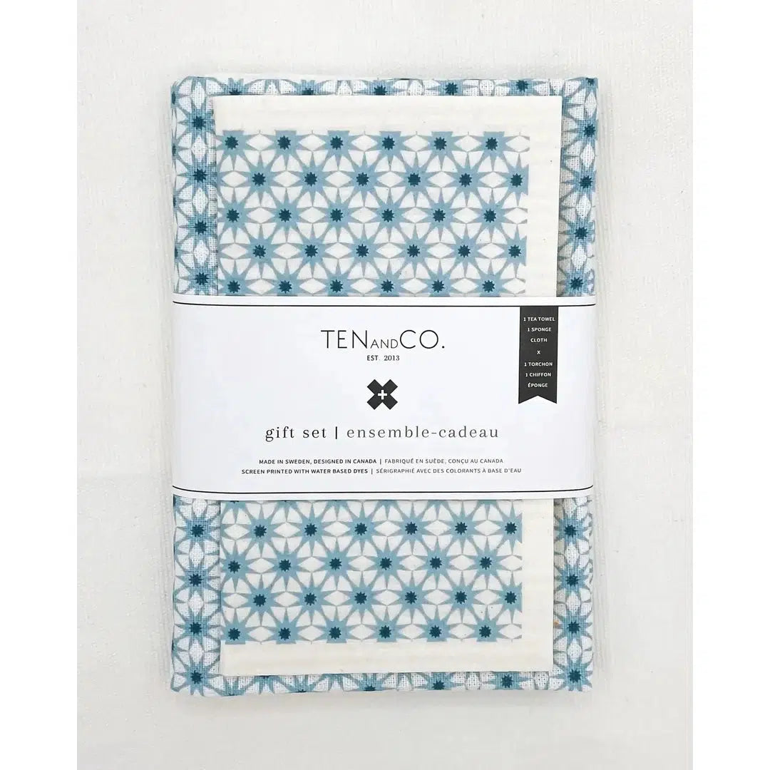 Swedish Sponge Cloth and Tea Towel Gift Set - Starburst blue and white by Ten & Co