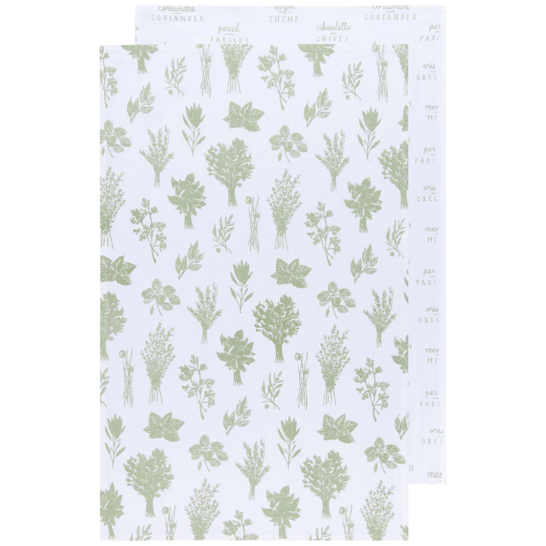 Tea Towels Floursack 100% Cotton - Set of 2 Herbs Print Sage Green