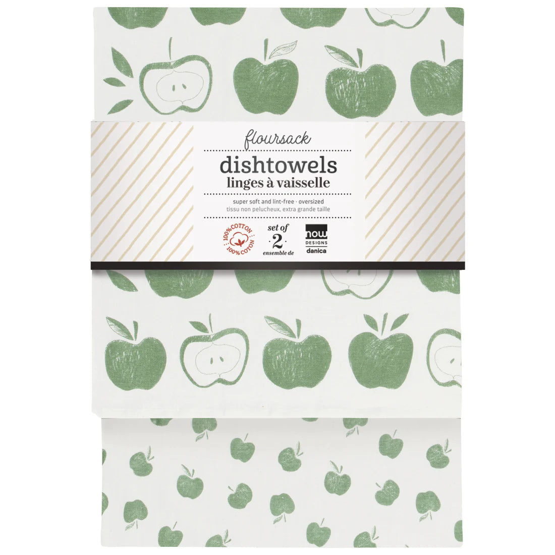 Tea Towels Floursack 100% Cotton - Set of 2 Apples Print Elm Green