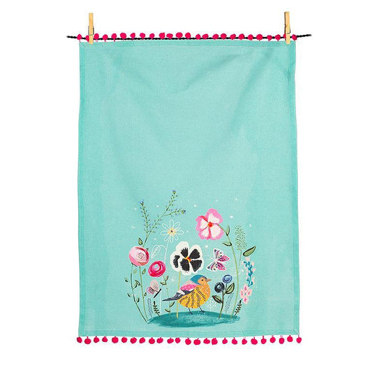 Whimsical Garden Kitchen Towel - Pompom Trim